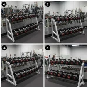 The heaviest set, including the 110 lb dumbbells, stored neatly on a multi-tier commercial dumbbell rack.
