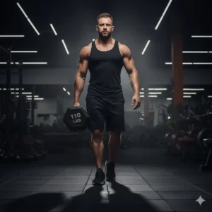 A strongman performing a farmer's walk carrying a single heavy 110lb dumbbells in one hand for grip and core stability training.