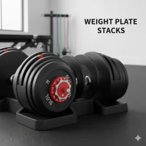 Clear image of the durable weight plates that make up the 90 lb adjustable dumbbell set.