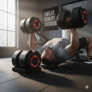 User performing a bench press with the heavy-duty adjustable dumbbells 50 100.
