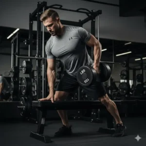 Athlete demonstrating proper form for a single-arm row with a 110 lb dumbbell for back muscle development.