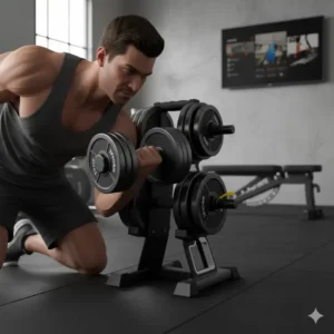 An athlete performing a bicep curl with the hammer strength powerblock dumbbells, demonstrating the product in a workout.