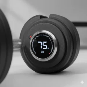 Close-up of the easy-to-read weight selection dial on the 75 lb adjustable dumbbells.