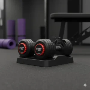 Compact storage solution featuring the pair of fast series dumbbell units neatly placed on their stand.