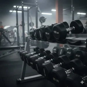 A dedicated gym rack holding a full set of hex dumbbells, with the 110 lbs dumbbells securely stored on the top shelf.