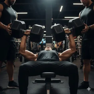 Two spotters assisting a lifter to safely position themselves before beginning an incline press with 110lb dumbbells.