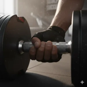 Detailed shot of the secure, knurled handle on the adjustable dumbbells 50 lb.