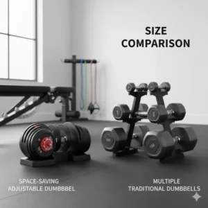 Comparing the space-saving size of the 90 lb adjustable dumbbell set to multiple traditional dumbbells.