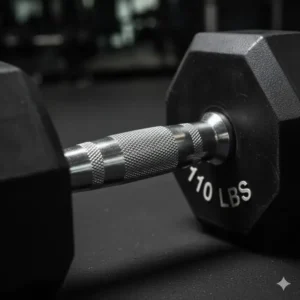 Detail shot of the handle knurling and grip area on a commercial-grade 110 lb dumbbell.