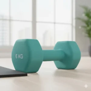 View of the hexagonal head design on the weights, demonstrating the anti-roll feature of the neoprene dumbbell sets.