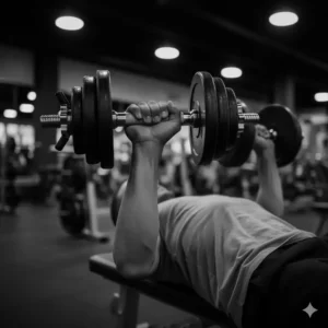 An athlete performing a chest press, clearly gripping the pepin dumbbell handles to demonstrate their comfortable and ergonomic design.