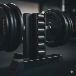 Detail image of the integrated center storage column on the hammer strength powerblock stand, holding the small 2.5lb increment weights.