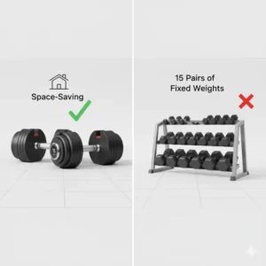 Graphic illustrating the space saving benefits of one pair of 75 lb adjustable dumbbells compared to a rack of 15 fixed weights.