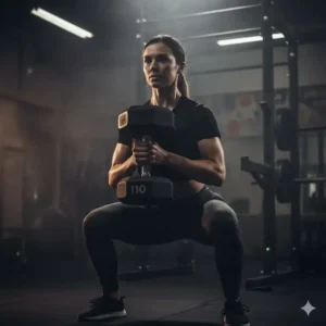 A woman performing a demanding goblet squat exercise using a single 110 lbs dumbbells for a lower body workout.