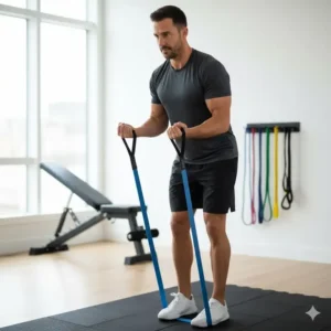 A man performing a bicep curl with resistance bands, a budget-friendly PowerBlock alternative for home workouts and light training.