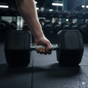 A visual comparison showing the large size of a 110 pound dumbbell next to a person's hand or smaller weights for scale.