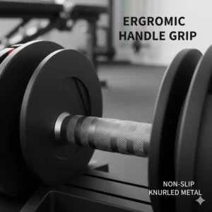 Detailed shot of the non-slip, ergonomic handle and grip of the 90 lb adjustable dumbbell set.