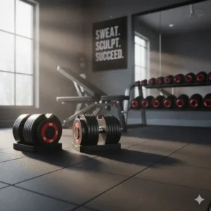 Image contrasting the space saved by adjustable dumbbells 50 100 compared to a rack of fixed weights.