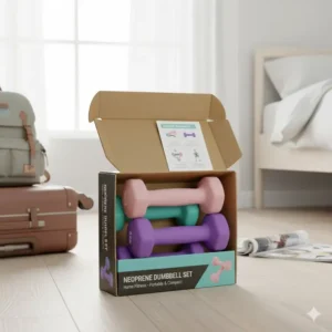 The neoprene dumbbell sets compactly stored in their original packaging, emphasizing portability and easy shipping.