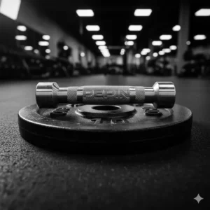 A pepin dumbbell handles lying next to a standard weight plate, showing the precise fit and compatibility for home gym use.