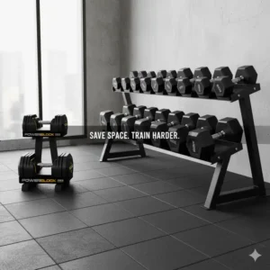 An illustration or photo showing a single set of hammer strength powerblock next to a traditional dumbbell rack, highlighting the space-saving benefit.