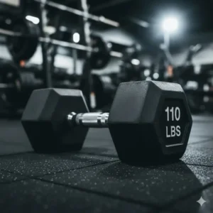 Photo of a durable rubber-coated 110 lb dumbbell, ideal for home or commercial gym environments.