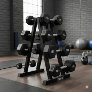 Highlighting the durable, solid steel construction of the head on the 150 lb dumbbell set with rack.