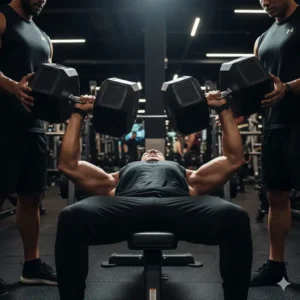 A montage showcasing muscle growth and strength gains achieved through consistent strength training using 110lb dumbbells.