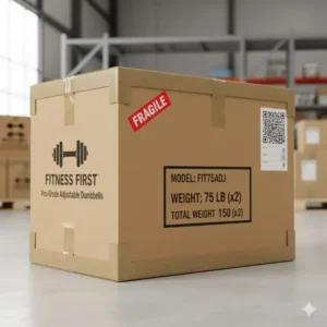 The secure packaging box for the 75 lb adjustable dumbbells set ready for shipping.
