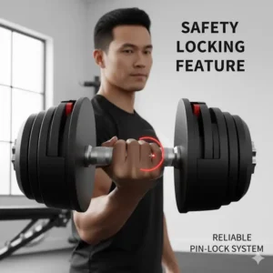 Highlighting the reliable safety locking feature of the 90 lb adjustable dumbbell set during use.