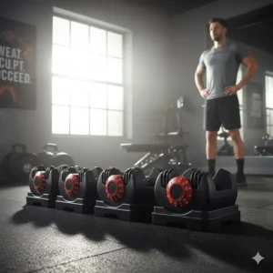 Full view of the complete adjustable dumbbells 50 100 set ready for a challenging home workout.