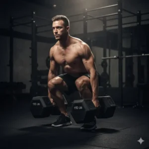 An athlete starting the lift phase of a heavy dumbbell deadlift with a pair of 110 lbs dumbbells.