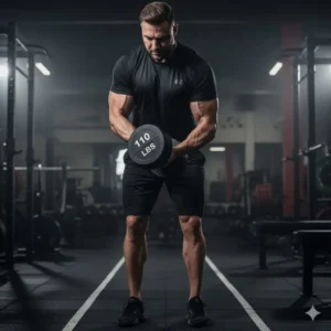 Strong individual executing a standing bicep curl using a heavy 110 lb dumbbell for maximum arm mass.