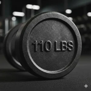 Detail of a classic cast iron head of a 110 lb dumbbell, highlighting the embossed weight marker.