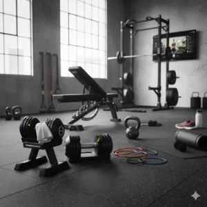 A wider view of a home gym setup featuring the hammer strength powerblock set alongside other compatible gym equipment.