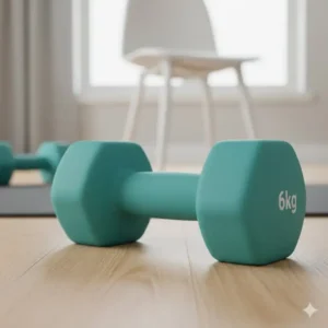 A shot of the soft material resting on a wooden floor, illustrating the neoprene dumbbell sets' ability to prevent scratches or damage.
