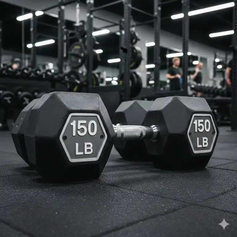 A professional 150 lb dumbbell pair resting on a rubber gym floor in a commercial weight room.