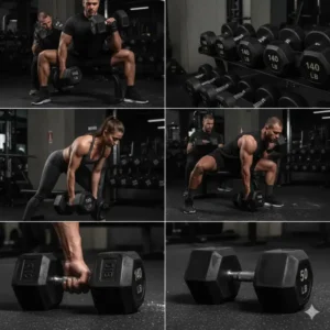 An athlete performing a flat 140 lb dumbbell bench press with excellent form, demonstrating the proper grip and range of motion for this heavy weight.