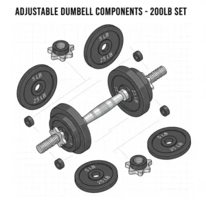 Detailed breakdown of the plates and bars included in an adjustable 200 lb dumbbell set.
