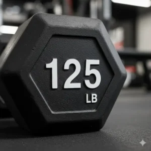 Close-up view of the weight marking stamped onto the hexagonal rubber head of the 125 pound dumbbell.