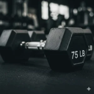 Detailed view of the knurled chrome handle and weight marking on 75 pound weights.