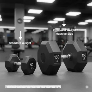 Illustration 1: A side-by-side comparison showing the massive size of a 150 lb dumbbell pair next to a standard weight.