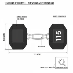Detailed technical drawing showing the exact measurements of 115 pound dumbbells.