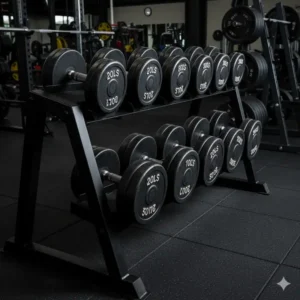 Illustration 1: A reinforced commercial weight rack specifically designed to hold a full set of 200 lbs dumbbells.