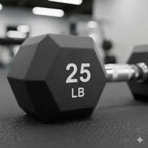 A close-up view of the hexagonal heads of a rubber coated dumbbells set to prevent rolling on the floor.