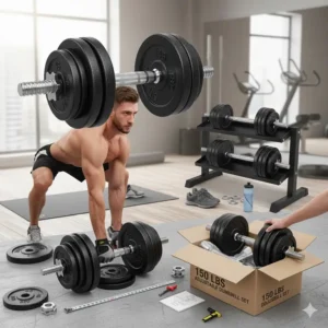 "A person performing a heavy squat using a part of the 150 lbs dumbbell set, demonstrating stability and strength."