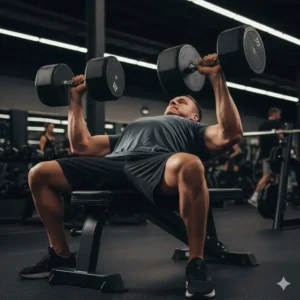 A powerful male athlete performing a flat dumbbell bench press using the 115 lb dumbbells to build chest and triceps strength.