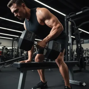 A professional shot of a pair of hexagon rubber-coated 150 lbs dumbbells resting on a gym floor, ready for heavy lifting.