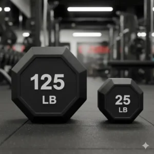 Side-by-side comparison of a 125 pound dumbbell and a 25-pound dumbbell to illustrate the difference in size.