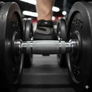 "Close-up detail of the heavy-duty, anti-slip knurled grip on one of the 150 lbs dumbbell set bars."